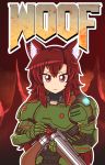  1girl :3 absurdres animal_ears armor breastplate brown_eyes brown_hair closed_mouth commentary cosplay doom_(2016) doom_(game) doomguy doomguy_(cosplay) double_barrels english_commentary gauntlets gun hair_between_eyes highres holding holding_gun holding_weapon imaizumi_kagerou long_hair looking_at_viewer majormilk outline parody pauldrons power_armor red_eyes revision shotgun shotgun_shells shoulder_armor smile solo title_parody touhou turtleneck upper_body v-shaped_eyebrows weapon wolf_ears wool_(miwol)_(style) 