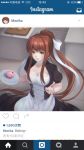  1girl absurdres alternate_costume apron breasts brown_hair character_name chinese cleavage cleavage_cutout commentary cupcake doki_doki_literature_club drawn_ears enmaided food green_eyes green_nails highres ihsara10 instagram long_hair looking_at_viewer maid monika_(doki_doki_literature_club) nail_polish plate ponytail short_sleeves smile solo v waist_apron 