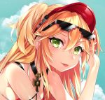  1girl :q admiral_hipper_(azur_lane) ahoge azur_lane bangs bikini blonde_hair blue_sky blush breasts choker collarbone day deal_with_it eyebrows_visible_through_hair green_eyes hair_between_eyes hand_on_eyewear hat headgear iron_cross komazuki_(komaworks240) leaning_forward long_hair looking_at_viewer mole mole_under_eye outdoors red_bikini skindentation sky smile solo swimsuit tongue tongue_out two_side_up wet 