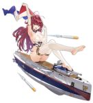 1girl ahoge arm_up armpits artist_request azur_lane breasts cannon cross elbow_gloves eyebrows_visible_through_hair fang flag floating french_flag gloves green_eyes hair_ornament hand_up holding holding_flag large_breasts leg_up long_hair looking_at_viewer machinery official_art open_mouth propeller redhead sideboob sitting sleeveless soles solo surcouf_(azur_lane) thigh-highs torpedo transparent_background turret white_gloves white_legwear 
