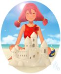  1girl beach blush closed_eyes clouds kerrr redhead sand sky smile solo sportswear sunlight tied_hair twintails 