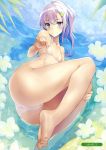  1girl absurdres artist_name ass bangs bare_arms bare_legs bare_shoulders barefoot bikini blue_eyes blush closed_mouth eyebrows_visible_through_hair flat_chest flower food fruit full_body hair_ornament hairclip highres kekemotsu looking_at_viewer lying melonbooks on_side ponytail purple_hair scan shiny shiny_hair side-tie_bikini sidelocks smile solo swimsuit thighs water watermelon white_bikini 