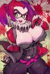  1girl :d batman_(series) bodysuit breasts collar commentary domino_mask elbow_gloves english_commentary gloves green_eyes hand_up harley_quinn highres huge_breasts legs_apart looking_at_viewer mask multicolored_hair open_mouth pointing pointing_at_viewer purple_hair red_gloves redhead slugbox smile solo standing sweat two-tone_hair 