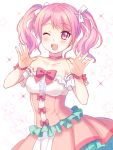  ;d bang_dream! bangs bare_shoulders blush bow center_frills choker collarbone commentary_request detached_sleeves dress eyebrows_visible_through_hair frilled_dress frills hair_ribbon hands_up looking_at_viewer maruyama_aya one_eye_closed open_mouth pink_bow pink_choker pink_eyes pink_hair ribbon shati sidelocks smile sparkle star strapless strapless_dress twintails upper_teeth white_ribbon wrist_bow 
