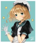  1girl :&gt; alternate_hair_length alternate_hairstyle blonde_hair blue_background blue_eyes blue_sailor_collar dated dress gloves hat jervis_(kantai_collection) kantai_collection looking_at_viewer sailor_collar sailor_dress sailor_hat short_hair short_sleeves signature smile solo toka_(marchlizard) upper_body white_dress white_gloves white_hat 