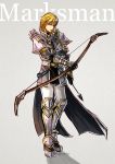  1boy armor blonde_hair bow_(weapon) cape english fingerless_gloves fire_emblem fire_emblem:_akatsuki_no_megami fire_emblem:_souen_no_kiseki gloves greaves holding holding_bow_(weapon) holding_weapon leonardo_(fire_emblem) looking_at_viewer pauldrons solo weapon 