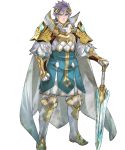 1boy aqua_eyes armor bangs blue_hair boots broken broken_sword broken_weapon cape clenched_hand closed_mouth dirty_clothes dirty_face feather_trim fire_emblem fire_emblem_heroes full_body gauntlets highres hrid_(fire_emblem_heroes) knee_boots long_sleeves looking_at_viewer maeshima_shigeki male_focus multicolored_hair official_art pants puffy_sleeves short_hair shoulder_armor silver_hair solo standing striped sweat sweatdrop sword transparent_background weapon 