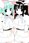  2girls :o animal_ears bangs black_eyes black_hair blue_eyes blue_hair blue_ribbon blush breasts bulma chi-chi_(dragon_ball) dragon_ball eyebrows_visible_through_hair kanekiyo_miwa locked_arms long_hair looking_at_viewer multiple_girls navel neck_ribbon paws pink_background rabbit_ears ribbon short_hair simple_background smile upper_body 