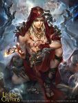  1boy abs artist_name blonde_hair blood card copyright_name fire highres hood injury jewelry legend_of_the_cryptids long_hair male_focus necklace official_art red_eyes sandals skull solo tarot zinnadu 