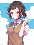  1girl alternate_hairstyle bang_dream! bangs black_hair blush collared_shirt commentary_request green_neckwear hand_up haneoka_school_uniform ito22oji looking_at_viewer mitake_ran multicolored_hair necktie ponytail redhead school_uniform shirt short_sleeves sidelocks solo streaked_hair striped_neckwear sweater_vest upper_body violet_eyes 