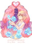  1girl absurdres bangs bare_arms bare_shoulders blonde_hair blue_eyes blue_flower closed_mouth copyright_name curtains dress eyebrows_visible_through_hair flower hair_between_eyes hair_over_shoulder heart highres kingdom_hearts long_hair namine nemu_(nemu_heart813) smile solo sparkle white_dress 