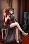  1girl ahoge alternate_costume alternate_hairstyle armlet ass bangs bare_shoulders black_dress blunt_bangs blush breasts brown_hair chair champagne_flute closed_mouth collarbone cup curly_hair dress drinking_glass dsr-50_(girls_frontline) dsr-50_(weapon) earrings eyebrows_visible_through_hair girls_frontline gold_footwear gun high_heels highres holding holding_drinking_glass indoors jewelry large_breasts leaning_forward legs_crossed letter light_particles long_hair looking_at_viewer petals red_eyes rifle ruby_(stone) sidelocks sitting skindentation smile solo thighs very_long_hair weapon yakumo_yukarii 