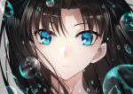  1girl bangs black_hair blue_eyes bubbles close-up face fate/stay_night fate_(series) looking_at_viewer parted_bangs solo text_focus tohsaka_rin upper_body yaoshi_jun 