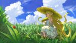  1girl blonde_hair blue_sky brown_footwear bug clouds cloudy_sky commentary_request corn day dress eating field from_side granblue_fantasy grass harvin hat highres holding insect ladybug long_hair melissabelle outdoors prehensile_hair shoes sitting sky solo strap_slip straw_hat sundress very_long_hair wasabi60 white_dress 