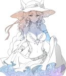  1girl animal_ears braid breasts cat_ears cleavage commentary_request covered_navel cowboy_shot dress dress_lift ears_through_headwear flower granblue_fantasy hair_tubes hat hat_flower heles long_braid long_hair looking_at_viewer single_braid smile solo spot_color sun_hat white_background white_dress zenroku 
