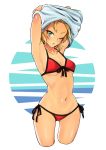  1girl arms_up bikini blonde_hair breasts collarbone cowboy_shot fate/apocrypha fate/grand_order fate_(series) front-tie_bikini front-tie_top green_eyes looking_at_viewer lowleg lowleg_bikini mordred_(fate) mordred_(fate)_(all) mordred_(swimsuit_rider)_(fate) navel onaka_(pixiv11820960) parted_lips red_bikini shirt side-tie_bikini small_breasts solo swimsuit undressing white_background white_shirt 