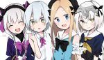  4girls :d :o ^_^ abigail_williams_(fate/grand_order) anzu_(anko) bangs bare_arms bare_shoulders bell black_bow black_dress black_hat blonde_hair blue_dress blue_eyes blush bow braid center_frills closed_eyes closed_eyes closed_mouth collarbone collared_shirt commentary_request dress eyebrows_visible_through_hair facial_scar facing_viewer fate/extra fate/grand_order fate_(series) forehead frills gloves green_eyes hair_between_eyes hair_bow hand_up hat head_tilt headpiece heart highres jack_the_ripper_(fate/apocrypha) jeanne_d&#039;arc_(fate)_(all) jeanne_d&#039;arc_alter_santa_lily long_hair looking_at_viewer low_twintails multiple_girls neckerchief nursery_rhyme_(fate/extra) open_mouth parted_bangs parted_lips puffy_short_sleeves puffy_sleeves purple_dress scar scar_across_eye scar_on_cheek shirt short_hair short_sleeves silver_hair sleeveless sleeveless_dress sleeveless_shirt smile twin_braids twintails very_long_hair white_gloves white_shirt yellow_eyes yellow_neckwear 