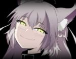  &gt;:) 1girl agrius_metamorphosis animal_ears atalanta_(alter)_(fate) atalanta_(fate) bangs cat_ears derivative_work eyebrows_visible_through_hair fate/grand_order fate_(series) glowing glowing_eyes green_eyes head_tilt long_hair looking_at_viewer parody silver_hair smile smug solo yasukochaos yellow_eyes 