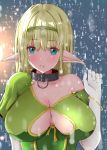  1girl absurdres blonde_hair blue_eyes blush breasts cleavage cleavage_cutout collar ehgus7802 elf highres isekai_maou_to_shoukan_shoujo_dorei_majutsu large_breasts long_hair looking_at_viewer metal_collar pointy_ears rain shera_l_greenwood solo wet 