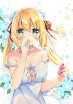  1girl ahoge anzu_(sumisaki_yuzuna) bangs bare_arms bare_shoulders blonde_hair blue_flower blush bubble bubble_blowing bun_cover commentary_request covered_mouth double_bun dress eyebrows_visible_through_hair flower green_eyes hair_between_eyes hair_ribbon hand_up holding long_hair looking_at_viewer morning_glory original red_ribbon ribbon side_bun sleeveless sleeveless_dress solo strap_slip sumisaki_yuzuna twintails very_long_hair white_background white_dress 