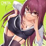  1girl adjusting_eyewear bangs black_legwear blue_skirt breasts cleavage closed_mouth collarbone downblouse dress_shirt fate/grand_order fate_(series) garter_straps glasses green_background hair_between_eyes hand_on_hip jewelry large_breasts leaning_forward long_hair looking_at_viewer necklace purple_hair red_eyes scathach_(fate)_(all) scathach_(fate/grand_order) shirt shoukaki_(earthean) skirt sleeves_rolled_up smile solo thigh-highs thighs 