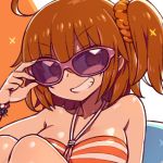 1girl ahoge bare_shoulders bikini bracelet breasts chan_co commentary_request fate/grand_order fate_(series) fujimaru_ritsuka_(female) grin hair_ornament hair_scrunchie halterneck hand_up jewelry large_breasts looking_at_viewer one_side_up orange_bikini orange_eyes orange_hair scrunchie sitting smile solo sparkle sunglasses swimsuit 