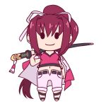  1girl artist_request breasts camisole chibi hair_intakes hair_ribbon katana long_hair midriff navel pants ponytail purple_hair ribbon smile solo sword under_night_in-birth very_long_hair weapon yuzuriha_(under_night_in-birth) 