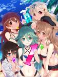  5girls ahoge alternate_costume awkward bangs beach beret between_breasts bikini bikini_skirt black_ribbon blonde_hair blue_eyes blue_sky blush braid breasts brown_eyes brown_hair brown_hairband choker cleavage clouds collarbone covered_mouth day eyebrows_visible_through_hair gradient_hair green_eyes green_hair groin hair_between_eyes hair_flaps hair_ornament hair_over_shoulder hair_ribbon hairband hairclip hat heterochromia highleg highleg_bikini index_finger_raised kantai_collection leaning_forward light_brown_hair long_hair looking_at_viewer messy_hair mouth_hold multicolored_hair multiple_girls murasame_(kantai_collection) navel ocean open_clothes open_mouth open_shirt outdoors palm_tree parted_bangs rash_shirt red_eyes remodel_(kantai_collection) ribbon sand shigure_(kantai_collection) shiratsuyu_(kantai_collection) sidelocks single_braid skindentation sky smile stomach swimsuit tree twintails two_side_up yamakaze_(kantai_collection) youmou_usagi yuudachi_(kantai_collection) 