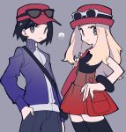  1boy 1girl bag baseball_cap black_hair black_legwear black_shirt blonde_hair character_request closed_mouth eyewear_on_head grey_background grey_eyes grey_pants hand_in_pocket hat high-waist_skirt highres jacket long_hair looking_at_viewer mochizuki_kei pants poke_ball_print pokemon purple_jacket red_hat red_skirt shirt shoulder_bag simple_background skirt smile standing sunglasses thigh-highs zettai_ryouiki 