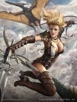  1girl alex_negrea armor bare_shoulders blonde_hair blue_eyes bodysuit boots breasts cleavage clouds gloves headband high_heel_boots high_heels legend_of_the_cryptids lipstick long_hair makeup official_art piercing pterodactyl sky solo sword tattoo teeth weapon 