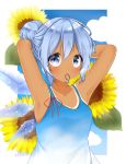  1girl absurdres alternate_hairstyle armpits arms_up artist_name bare_arms blue_dress blue_eyes blue_hair blue_sky blush border breasts cirno clouds collarbone commentary_request day dress eyebrows_visible_through_hair flower hair_between_eyes hair_tie highres ice ice_wings looking_up mouth_hold outside_border ponytail red_ribbon ribbon shiki_(s1k1xxx) short_hair short_ponytail sky sleeveless sleeveless_dress small_breasts solo spaghetti_strap sunflower tan tanline tanned_cirno touhou twitter_username tying_hair upper_body white_border wings 