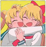  2girls aino_minako bishoujo_senshi_sailor_moon blue_sailor_collar blush bow friends happy hug lowres multiple_girls open_mouth red_bow sailor_collar school_uniform simple_background tsubobot tsukino_usagi yellow_background 