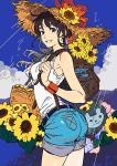 1girl ass backpack bag bangs blue_eyes blue_shorts blue_sky brown_hair clouds cowboy_shot denim denim_shorts flower from_side hands_up hat looking_at_viewer looking_to_the_side original outdoors shirt short_shorts shorts sky sleeveless sleeveless_shirt smile solo standing straw_hat sunflower umishima_senbon white_shirt wristband yellow_flower 