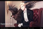  1boy 2017 bird blonde_hair bow bowtie candle candlestand chair dated formal gloves green_eyes happy_new_year hawk looking_at_viewer male_focus nengajou new_year ng_kina original painting_(object) sitting solo suit translated tuxedo white_gloves white_neckwear 