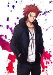  1boy cc_(5589422) cigarette collarbone commentary_request fur_collar fur_trim hands_in_pockets jacket jewelry k_(anime) male_focus necklace red_eyes redhead shirt short_hair solo suou_mikoto_(k) v-neck white_shirt 