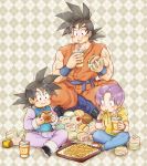  3boys ayo_(isy8800) belt black_eyes black_hair chinese_clothes cup denim dragon_ball dragon_ball_super dragonball_z drinking drinking_straw eating eyebrows_visible_through_hair fast_food food french_fries grey_background hamburger holding holding_cup holding_food jacket jeans ketchup legs_crossed looking_down male_focus multiple_boys pants puffed_cheeks purple_hair short_hair sitting son_gokuu son_goten spiky_hair trunks_(dragon_ball) two-tone_background violet_eyes wristband yellow_jacket 