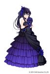  1girl bangs bare_shoulders black_choker blue_dress blue_eyes blue_flower blush bouquet brown_gloves butterfly_hair_ornament choker closed_eyes dress flower frilled_dress frills full_body gloves gothic_wa_mahou_otome hair_between_eyes hair_ornament hair_ribbon hands_up highres holding holding_flower jenevan long_dress long_hair looking_at_viewer official_art purple_dress purple_flower purple_hair purple_rose ribbon rose solo standing veil watermark 