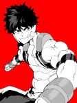  1boy black_eyes black_hair boku_no_hero_academia bright_pupils clenched_hands greyscale helmet highres looking_to_the_side mabataki male_focus monochrome red_background shindou_you simple_background solo toned toned_male 