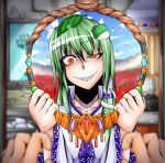  1girl crazy_eyes crazy_smile evil_grin evil_smile eyebrows_visible_through_hair frog_hair_ornament futatsuiwa_mamizou green_hair grin hair_ornament kochiya_sanae leaf leaf_hair_ornament leaf_on_head looking_at_viewer noose sharp_teeth smile snake_hair_ornament teeth teikoku_gensui touhou yellow_eyes 