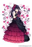  1girl bangs bare_shoulders black_choker black_dress blue_eyes bouquet brown_gloves butterfly_hair_ornament choker dress flower frilled_dress frills full_body gloves gothic_wa_mahou_otome hair_between_eyes hair_ornament hair_ribbon hands_up highres holding holding_flower jenevan long_dress long_hair looking_at_viewer official_art purple_flower purple_hair red_dress red_flower ribbon rose solo standing veil watermark 