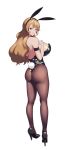  1girl animal_ears armband ass bare_shoulders blonde_hair breasts bunny_girl bunny_tail full_body hand_on_own_chest high_heels highres huge_breasts kneepits long_hair looking_at_viewer looking_back pantyhose rabbit_ears red_eyes smile solo standing tail white_background yan_wan 