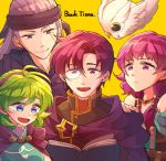  2boys 2girls bare_shoulders black_headband blue_eyes book canas cape closed_mouth feh_(fire_emblem_heroes) fire_emblem fire_emblem:_rekka_no_ken fire_emblem:_seima_no_kouseki fire_emblem_heroes green_hair hairband headband holding holding_book hzk_(ice17moon) jewelry legault long_hair lute_(fire_emblem) monocle multiple_boys multiple_girls necklace nino_(fire_emblem) open_book open_mouth purple_hair purple_hairband scar scar_across_eye short_hair simple_background smile twintails violet_eyes yellow_background 