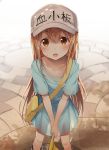  1girl bag bangs blue_shirt blush brown_eyes brown_hair collarbone commentary_request eyebrows_visible_through_hair flag flat_cap greatmosu hair_between_eyes hat hataraku_saibou highres long_hair looking_at_viewer open_mouth platelet_(hataraku_saibou) see-through shirt short_sleeves solo sweat very_long_hair white_hat 