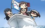  &gt;_&lt; 3girls ^_^ bikini black_bikini black_hair blue_swimsuit brown_hair closed_eyes crossed_arms dated eyebrows_visible_through_hair flag green_bikini hair_ornament hairclip hamu_koutarou highres kantai_collection long_hair mamiya_(kantai_collection) mizuho_(kantai_collection) multiple_girls ocean one-piece_swimsuit open_mouth sendai_(kantai_collection) ship smile swimsuit translated two_side_up v-shaped_eyebrows watercraft 