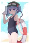  1girl absurdres blue_eyes blue_hair blue_sky blue_swimsuit clouds covered_navel cowboy_shot day flat_chest goggles goggles_on_head hair_bobbles hair_ornament hat highres kawashiro_nitori kibisake lifebuoy medium_hair old_school_swimsuit outdoors school_swimsuit shade sky solo standing swimsuit touhou twintails two_side_up water_gun 