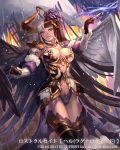  1girl black_hair blue_eyes breasts brown_hair copyright_name cuboon gradient_hair grey_hair heterochromia large_breasts lost_crusade multicolored_hair navel official_art red_eyes solo wings yellow_eyes 