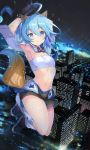  ahoge animal_ears armpits arms_up black_gloves black_legwear blue_hair building cityscape copyright_request cover cover_page flat_chest fox_ears fox_tail full_body gloves hayama_eishi highres looking_at_viewer navel night night_sky novel_cover novel_illustration official_art sandals sky skyscraper tail 