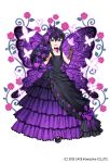  1girl :d bangs bare_shoulders black_choker black_dress blue_eyes bouquet bow brown_gloves bug butterfly butterfly_hair_ornament butterfly_wings choker dress flower frilled_dress frills gloves gothic_wa_mahou_otome hair_between_eyes hair_ornament hair_ribbon hands_up highres holding holding_flower insect jenevan long_dress long_hair looking_at_viewer official_art open_mouth purple_bow purple_dress purple_flower purple_hair ribbon rose shoe_bow shoes smile solo standing veil watermark wings 