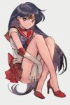  1girl bishoujo_senshi_sailor_moon black_hair bow choker earrings elbow_gloves full_body gloves grey_eyes hankuri high_heels hino_rei invisible_chair jewelry knees_up long_hair looking_at_viewer pleated_skirt purple_bow red_footwear red_sailor_collar red_skirt red_star sailor_collar sailor_mars sailor_senshi_uniform simple_background sitting skirt solo star star_earrings white_background white_gloves 
