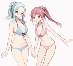  2girls :d bangs bare_arms bare_shoulders bikini blue_bikini blue_eyes breasts character_request cleavage collarbone eyebrows_visible_through_hair fingernails forehead glasses green_hair grey_background hair_between_eyes hand_holding highres itsumi_(itumiyuo) long_hair medium_breasts multiple_girls navel open_mouth over-rim_eyewear parted_bangs pink_bikini ponytail red-framed_eyewear red_eyes redhead saki semi-rimless_eyewear simple_background small_breasts smile swimsuit 